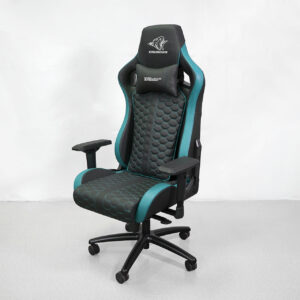 The image shows the EEC875 EAUROZA massage chair featuring an ergonomic design with adjustable armrests and lumbar support pillow, in a sleek black and teal color scheme.