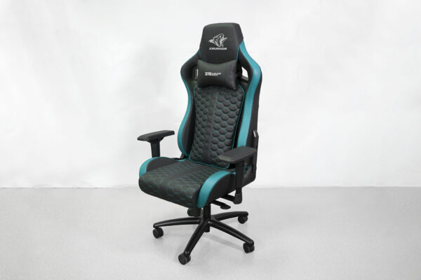 The image shows the EEC875 EAUROZA massage chair featuring an ergonomic design with adjustable armrests and lumbar support pillow, in a sleek black and teal color scheme.