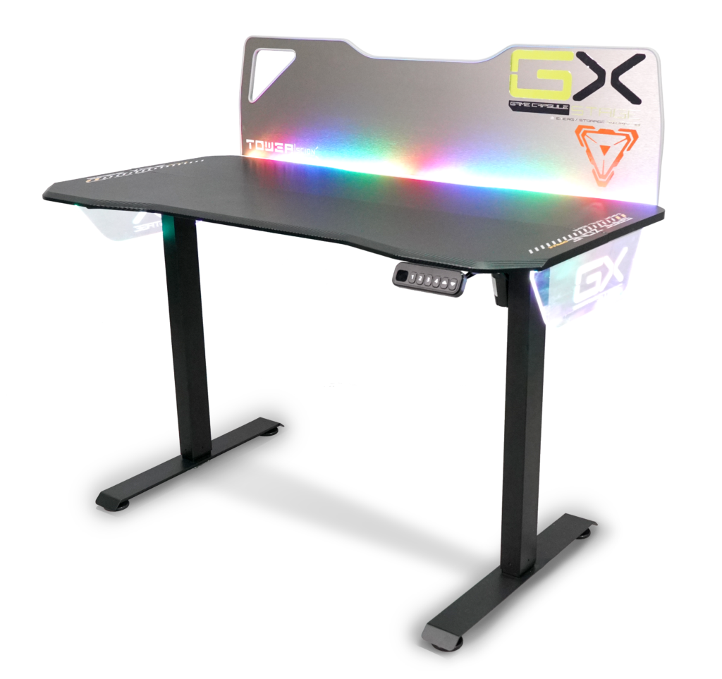 Modern EGT588 RGB gaming desk featuring an aluminum backboard with logo, black steel frame, and colorful RGB lighting effects along the edges, designed for an immersive gaming experience.