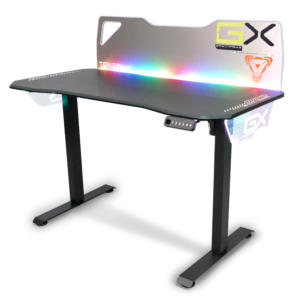 Modern EGT588 RGB gaming desk featuring an aluminum backboard with logo, black steel frame, and colorful RGB lighting effects along the edges, designed for an immersive gaming experience.