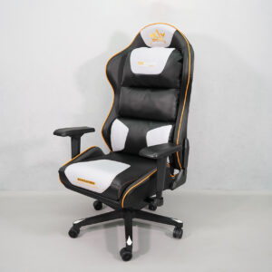 The EEC202 Royal Comfort Gaming Chair features sleek black and white PU leather with a "Royal Comfort" logo and ergonomic design for enhanced gaming comfort. It offers customizable features and adjustable armrests, ensuring a luxurious and supportive seating experience.