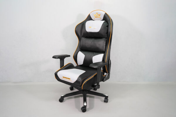 The EEC202 Royal Comfort Gaming Chair features sleek black and white PU leather with a "Royal Comfort" logo and ergonomic design for enhanced gaming comfort. It offers customizable features and adjustable armrests, ensuring a luxurious and supportive seating experience.