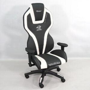 A black and white EEC410 EAUROZA gaming chair featuring adjustable armrests, a high backrest with ergonomic padding, and smooth-rolling casters on a five-point base, designed for superior comfort and style in gaming setups.