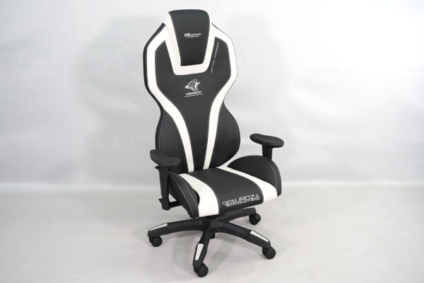 A black and white EEC410 EAUROZA gaming chair featuring adjustable armrests, a high backrest with ergonomic padding, and smooth-rolling casters on a five-point base, designed for superior comfort and style in gaming setups.