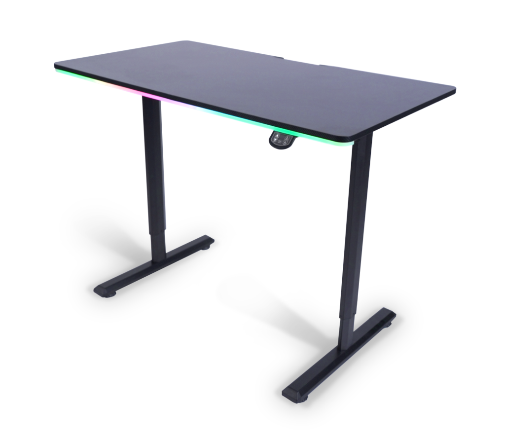 Black RGB gaming desk, model EGT596, featuring a height-adjustable frame and vibrant RGB lighting along the edges, set against a dark background.