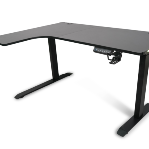 EGT502 gaming desk featuring a steel frame with black carbonate surface, RGB lighting effects along the edges, and accessories like a water cup holder and headphone hook.