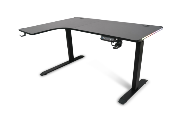 EGT502 gaming desk featuring a steel frame with black carbonate surface, RGB lighting effects along the edges, and accessories like a water cup holder and headphone hook.