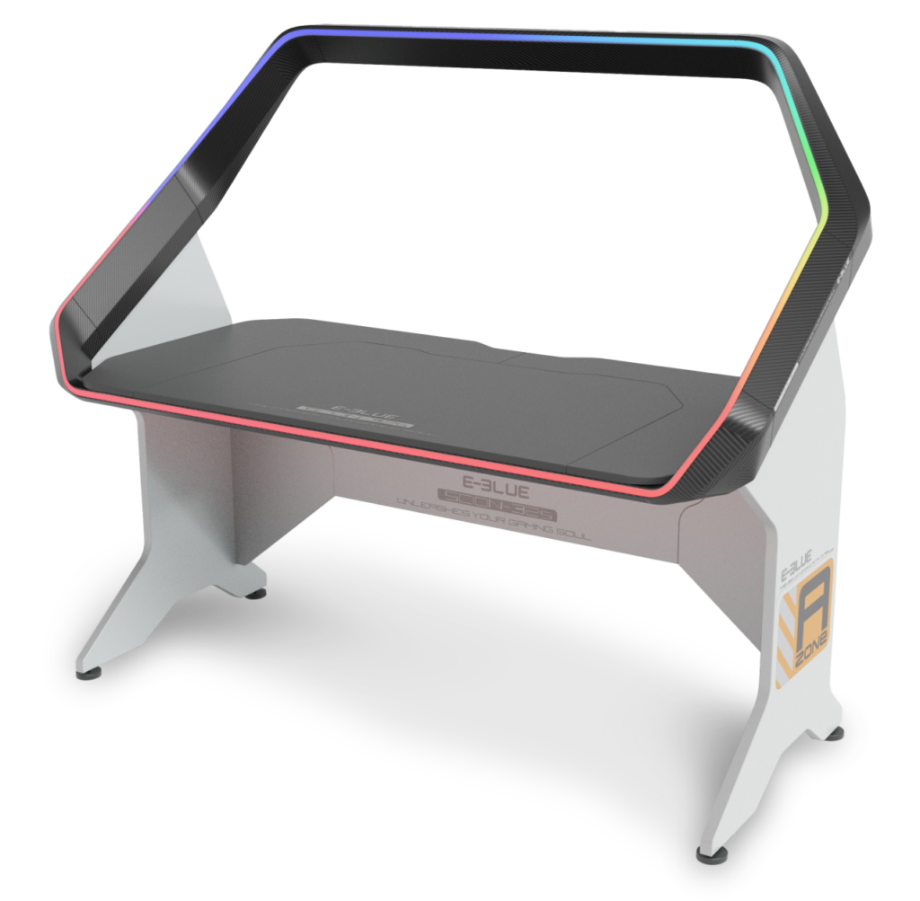 A sleek EGT595 desk featuring RGB color effects, ergonomic anti-scratch desktop, and remote-controlled lighting. Designed to support a 43-inch monitor.