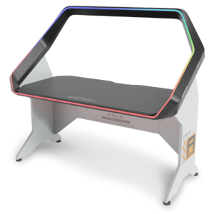 A sleek EGT595 desk featuring RGB color effects, ergonomic anti-scratch desktop, and remote-controlled lighting. Designed to support a 43-inch monitor.