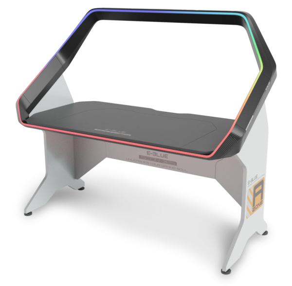 A sleek EGT595 desk featuring RGB color effects, ergonomic anti-scratch desktop, and remote-controlled lighting. Designed to support a 43-inch monitor.