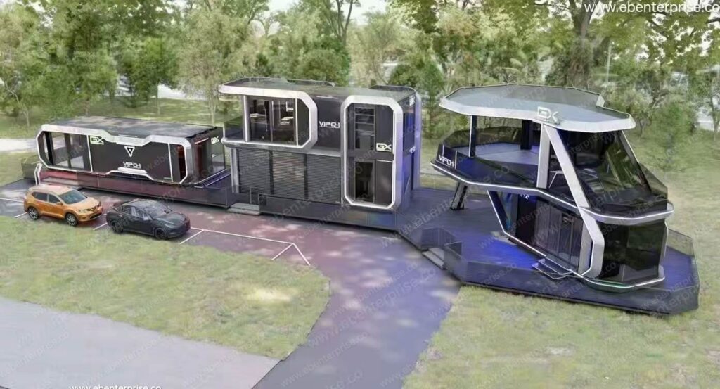 The exterior of a V-Shape modular home featuring aerospace-grade aluminum alloy skin, manufactured in a leading Dongguan factory
