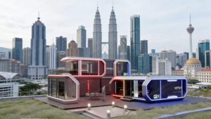 A futuristic multi-unit modular capsule house by EB Enterprise situated on a rooftop overlooking the Kuala Lumpur skyline and Petronas Twin Towers.