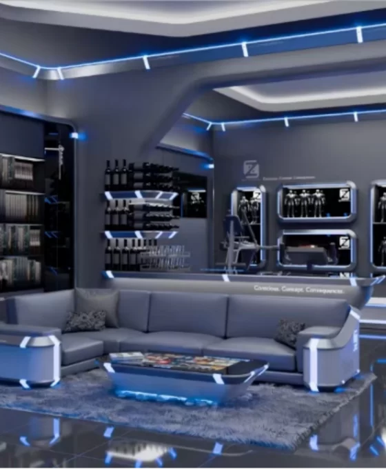 The image showcases a sleek, futuristic Esports Office design featuring modern furniture, ambient RGB lighting, and high-tech decor. The environment evokes a high-energy gaming atmosphere, perfect for professional and creative workspaces in the esports industry.