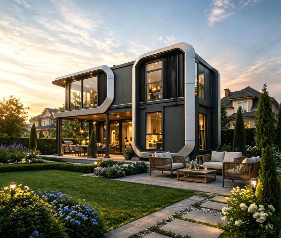 eBlue modular villa house, modern prefab luxury modular home with garden