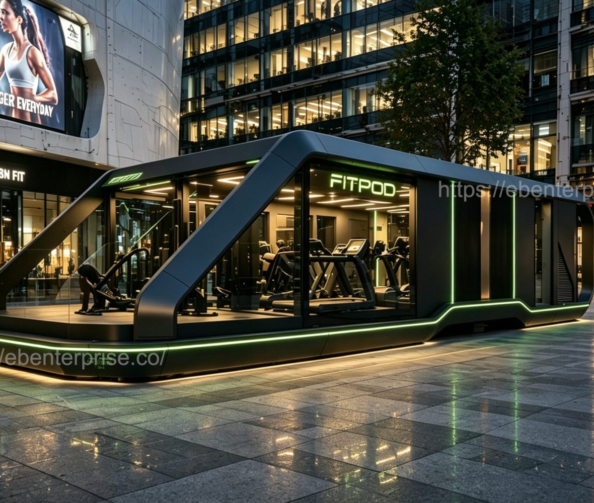 eBlue modular commercial unit, futuristic prefab FITPOD gym pod in city plaza